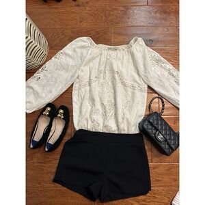 Alice + Olivia White Eyelet Lace Blouse Lined Dual Layer Boho Crochet Top XS